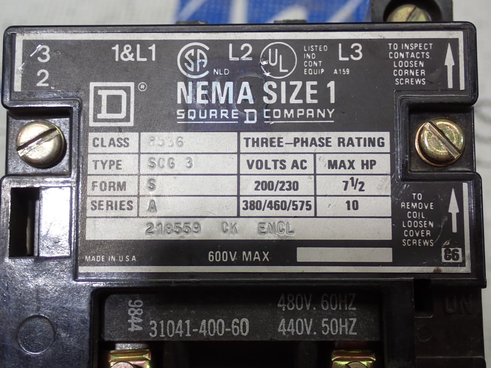 Square D Size 1 8536SCG3 Starter 3P 600V Contactor 480 Volt Coil - Tested ST320 5