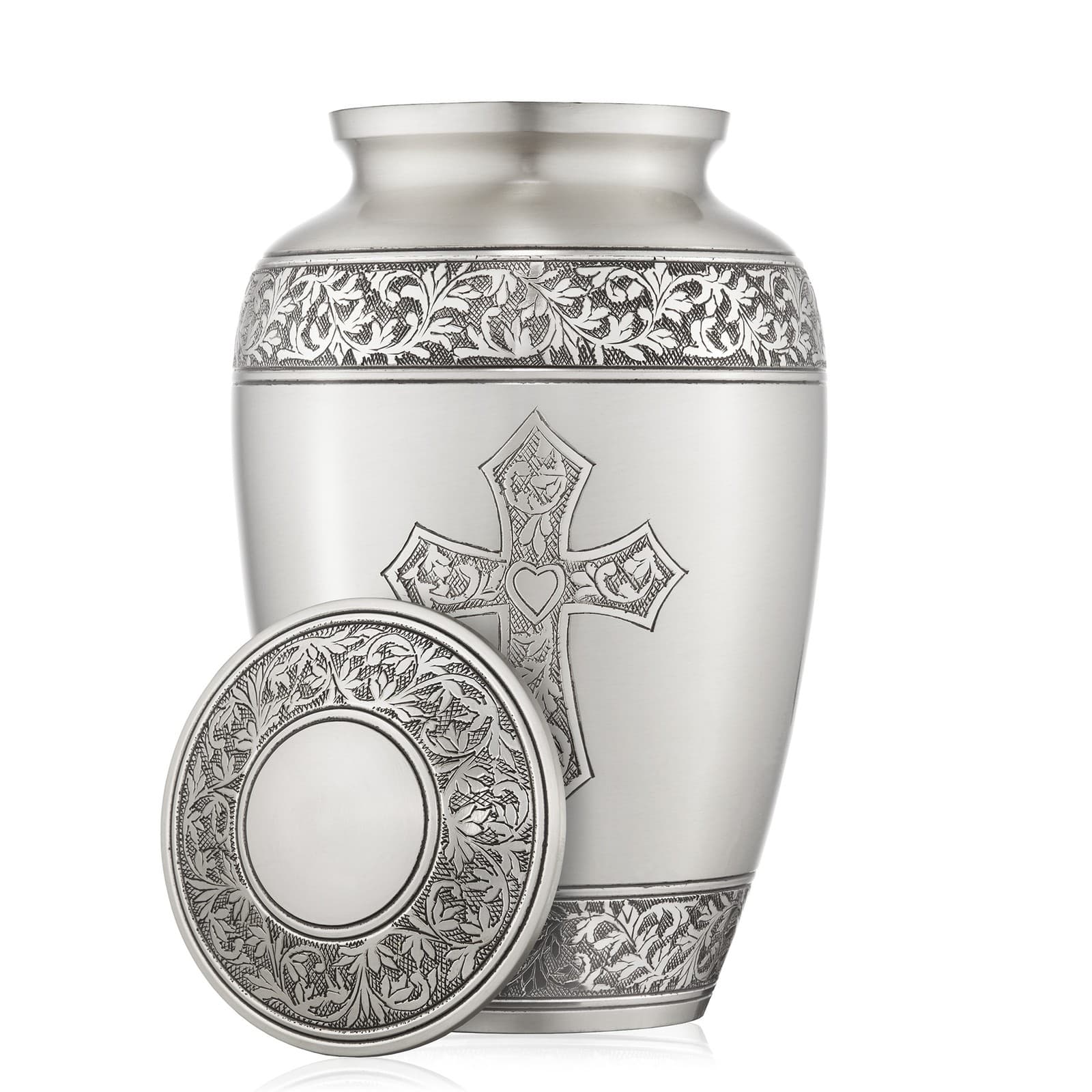 Adult Cremation Funeral Urn for Human Ashes, Pewter Etched Cross with Velvet Bag 5