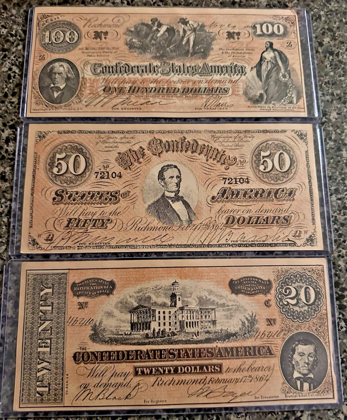 Lot of 3 Confederate States of America Bills $100, $50 & $20