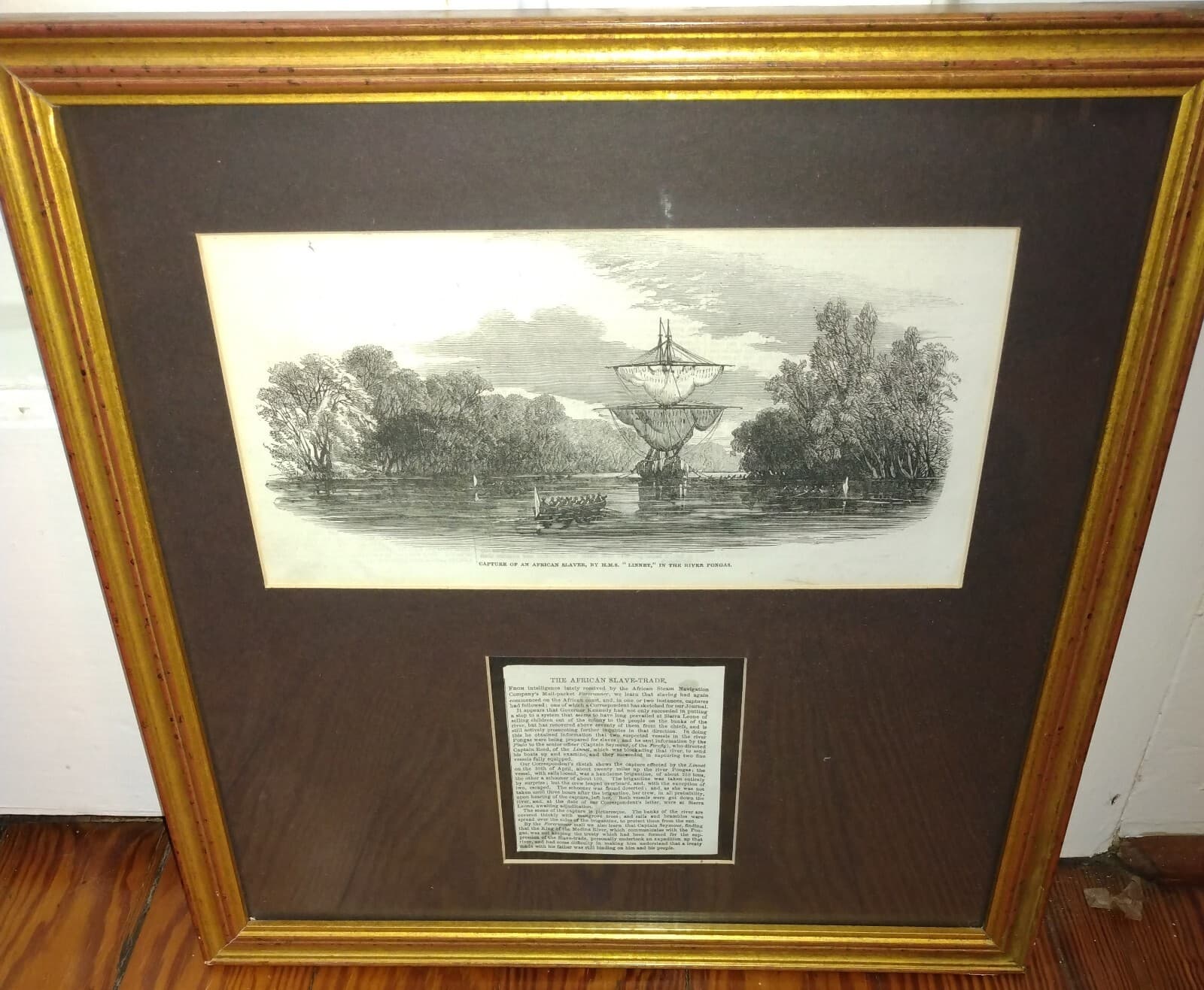 1853 Engraving ~ Capture of American Slaver By  HMS "LINNET" w/ Newspaper FRAMED 5