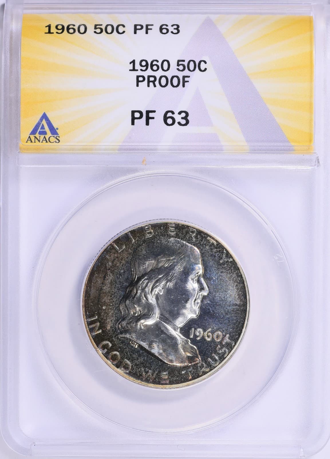 1960 Franklin Silver Half Dollar ANACS PF63 Album Toned Crescent Toning Rainbow 2
