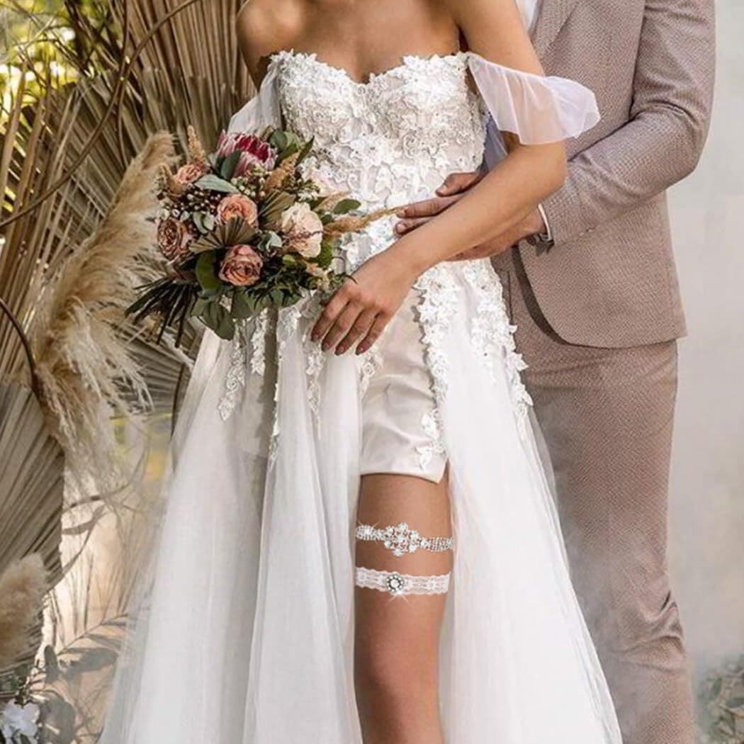 2 Pack Floral Crystal Wedding Garters Rhinestone Lace Pearl Stretch Bridal 5