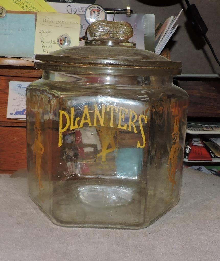 Antique Yellow Pyro Mr Peanut Country Store Display Jar W/ Figural Peanut Lid