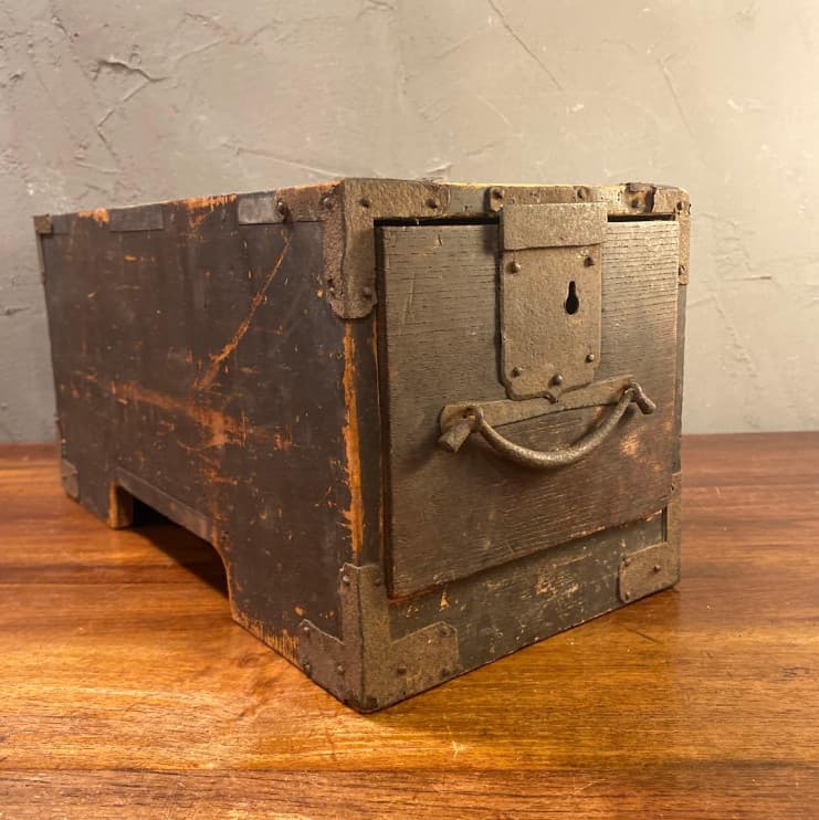 Japanese Antique wooden coin box Rusty iron fittings Depth 35.5 cm/14.0inches 2