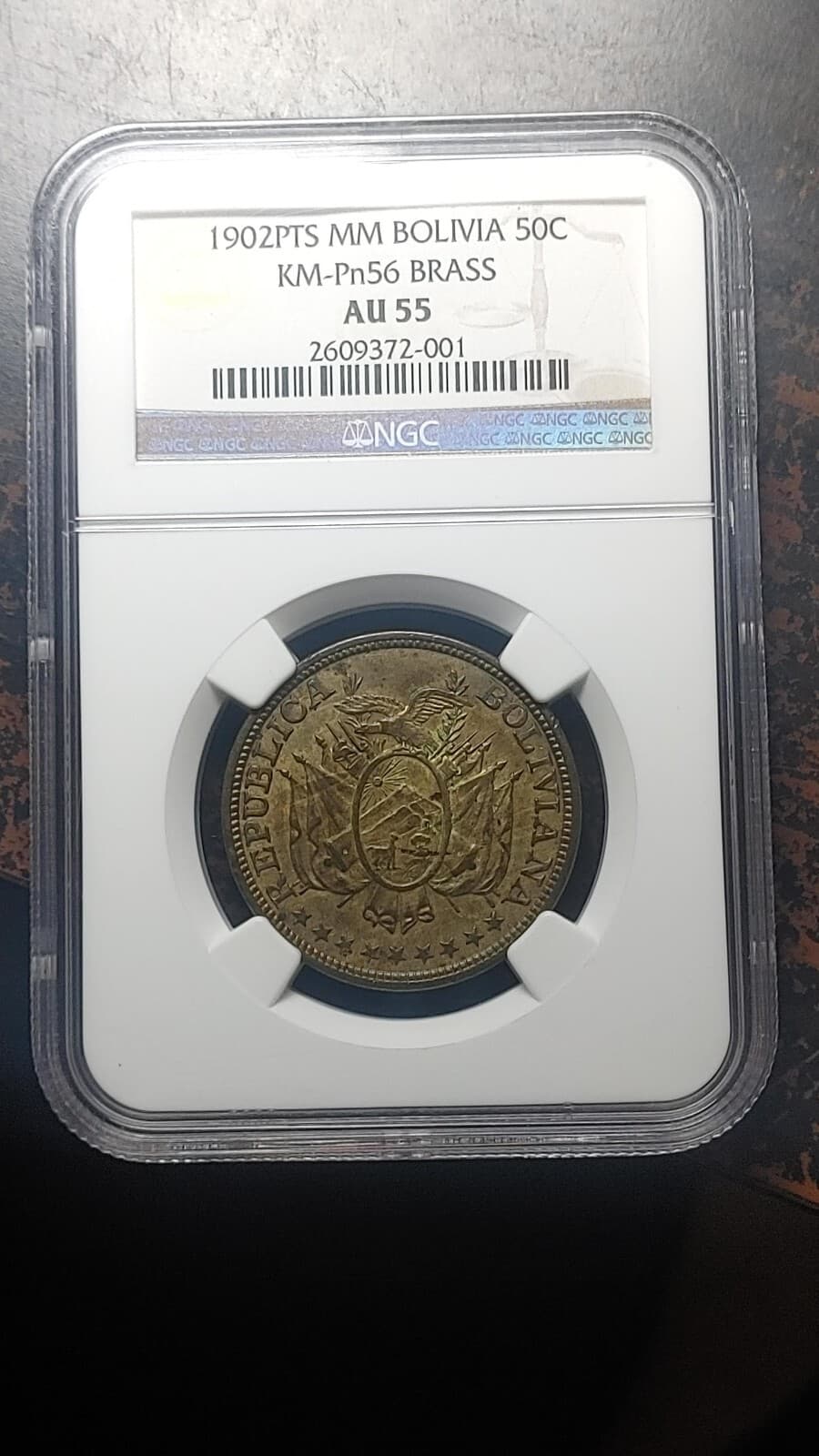1902 PTS MM Bolivia Brass Pattern 50 Centavos NGC AU55                      2688