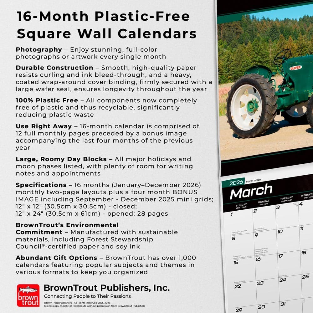 Tractors | 2026 12x24" (Hanging) Monthly Square Wall Calendar | Plastic-Free 6