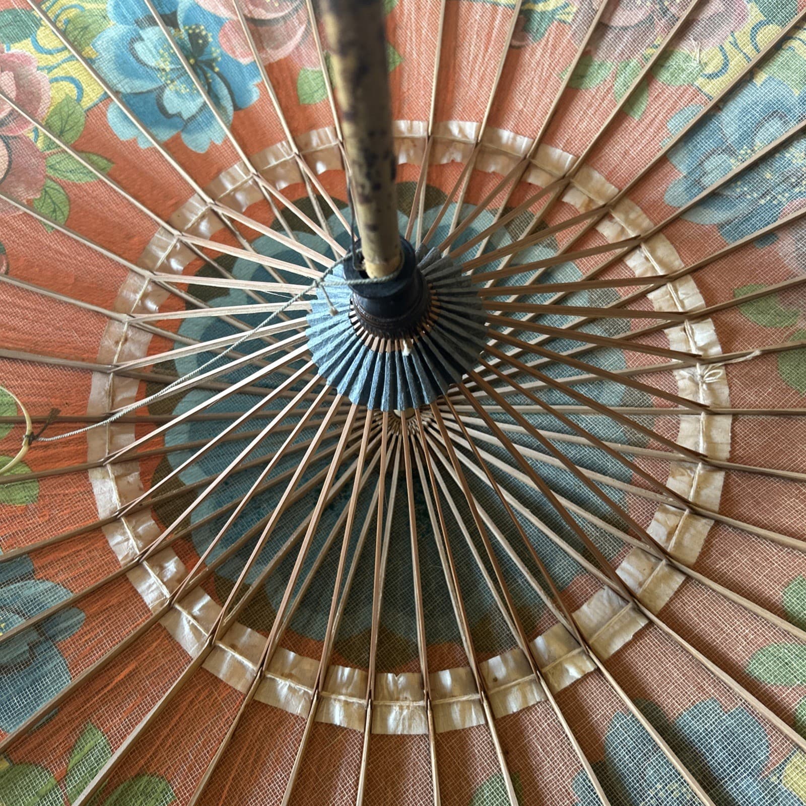 Vintage Japanese Chinese Bamboo Rice Paper Wood Umbrella Parasol 6