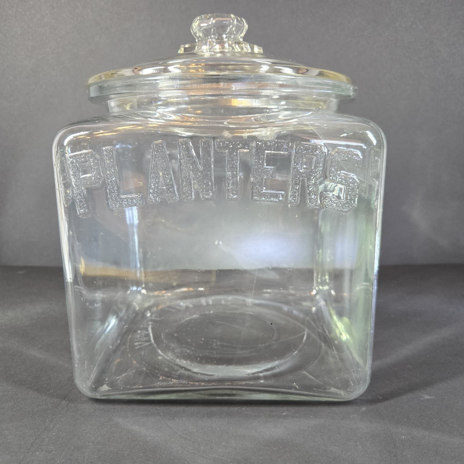 Vintage Planters Peanuts Square Embossed Glass Counter Jar knob Lid 1930s