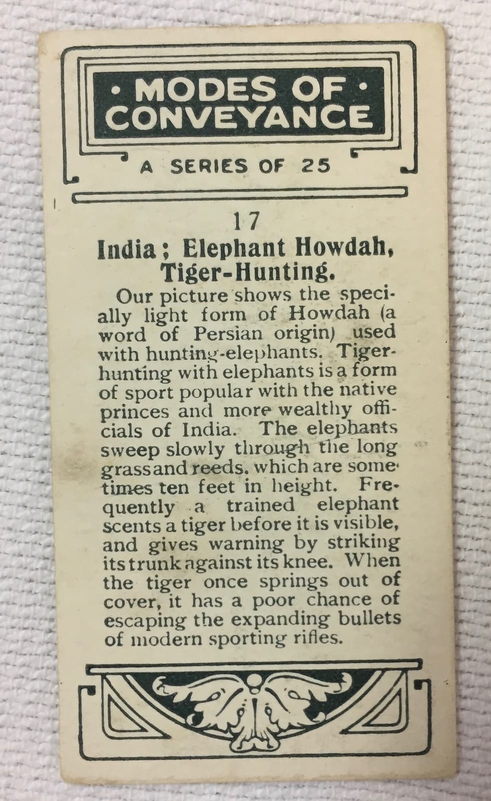 1927 tobacco card Modes Of Conveyance #17 ~ INDIA, ELEPHANT HOWDAH TIGER HUNTING 2