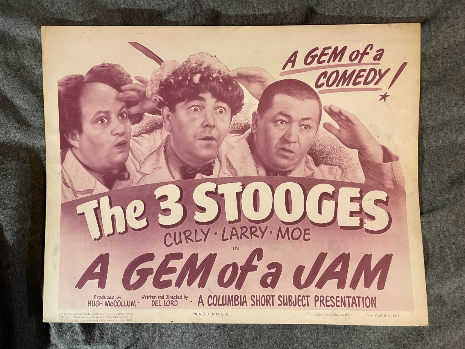 Three Stooges Lobby Card - A Gem of a Jam - 1944 3 Stooges Columbia
