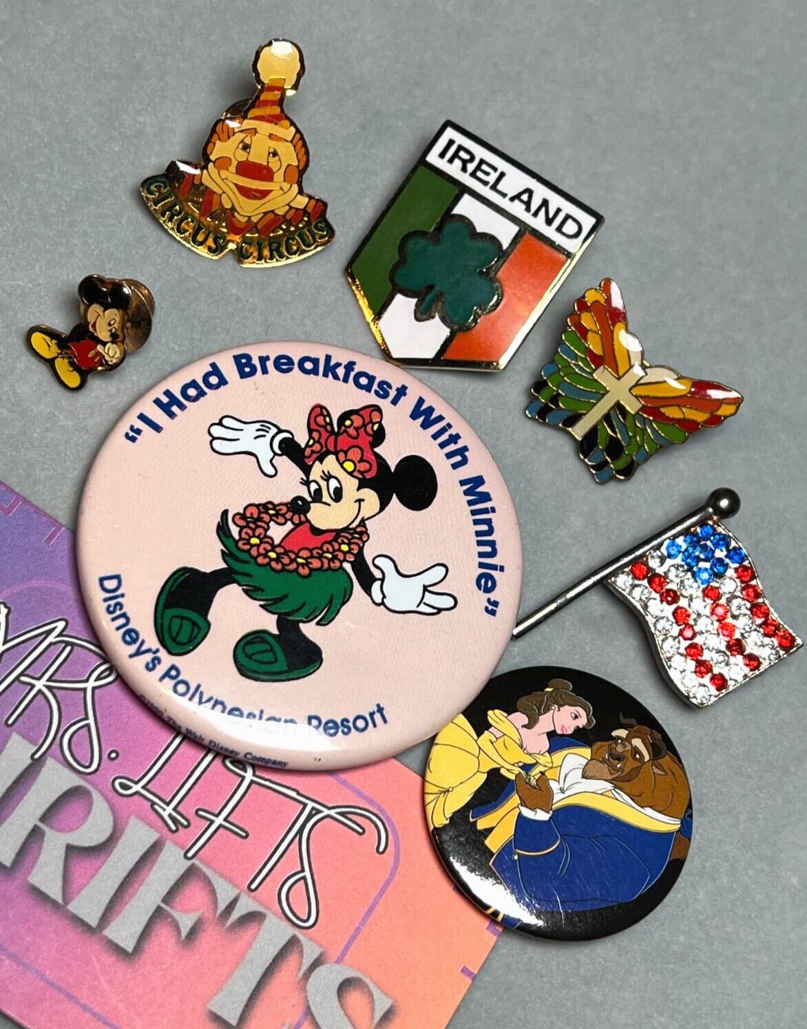 Lot of 7 Vintage Pinbacks Buttons Mickey Minnie Mouse Disney Circus Beauty Beast