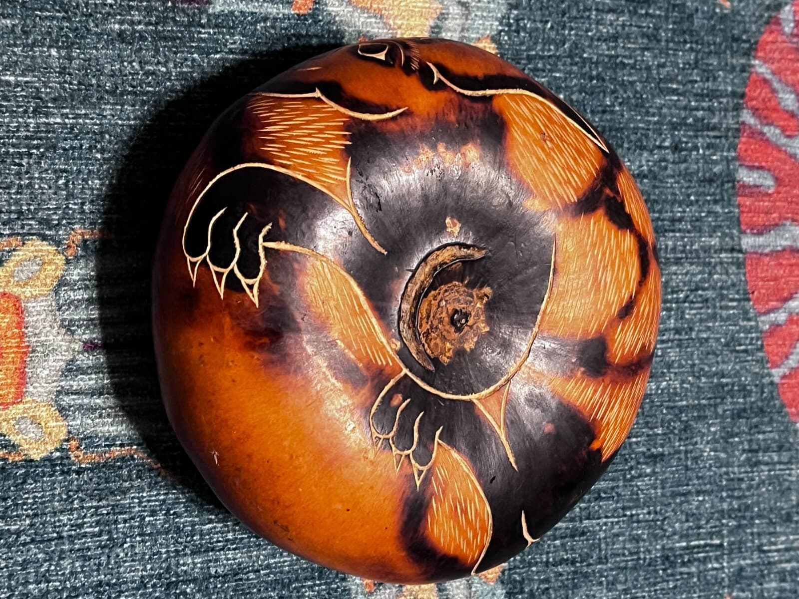 Vintage Peruvian Hand-Carved Gourd Squash Folk Art w/ Chupacabra