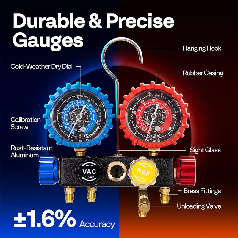 AC Manifold Gauge Set 4 Way For R134a R410a R22 R32 Refrigerat with 5ft Hoses 4