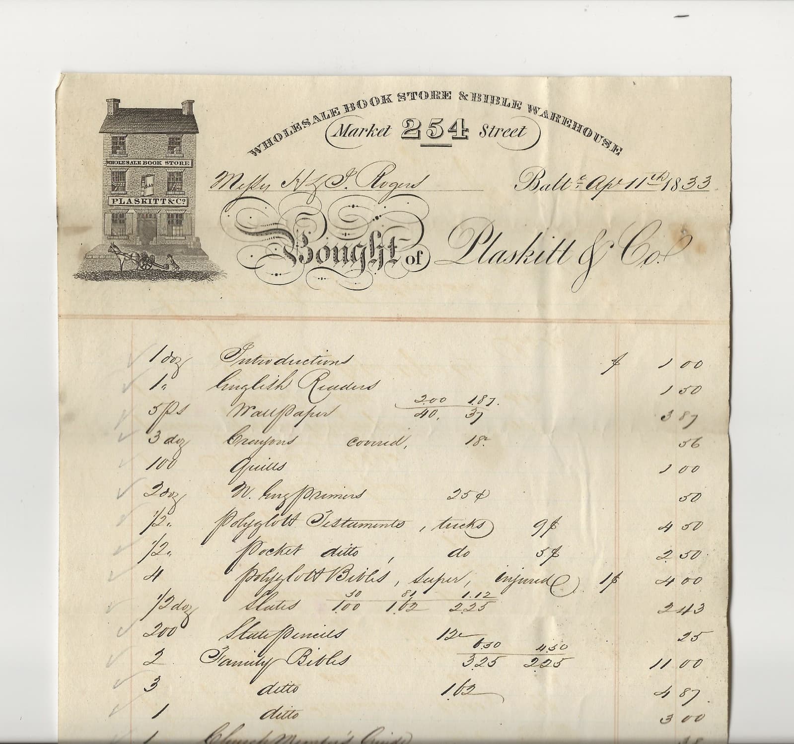 SUPER Orig. 1833 Graphic Billhead - WHOLESALE BOOK STORE & BIBLE WAREHOUSE, Balt 2