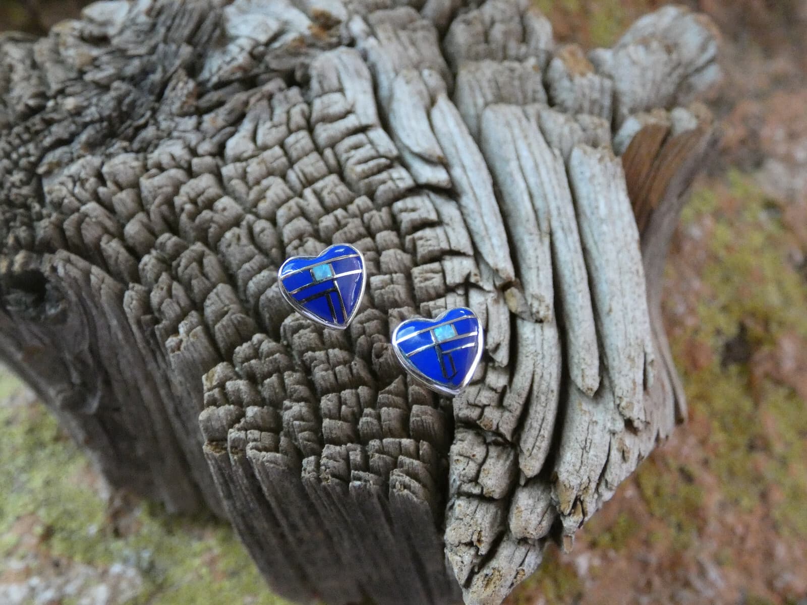Cute Heart Lapis & Opal Sterling Silver Southwestern Gemstone Post Earrings B67 4