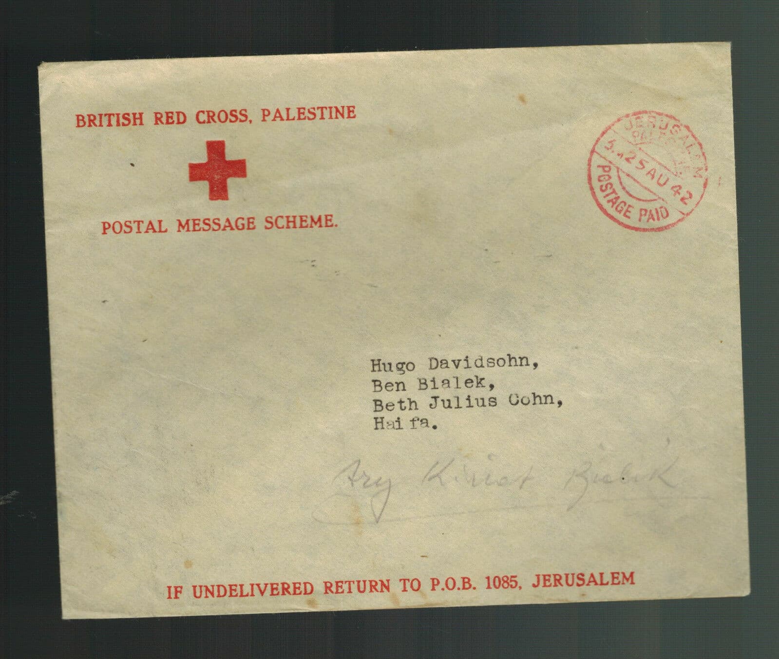 1942 Jerusalem Palestine Stampless cover British Red Cross Postpaid to Haifa