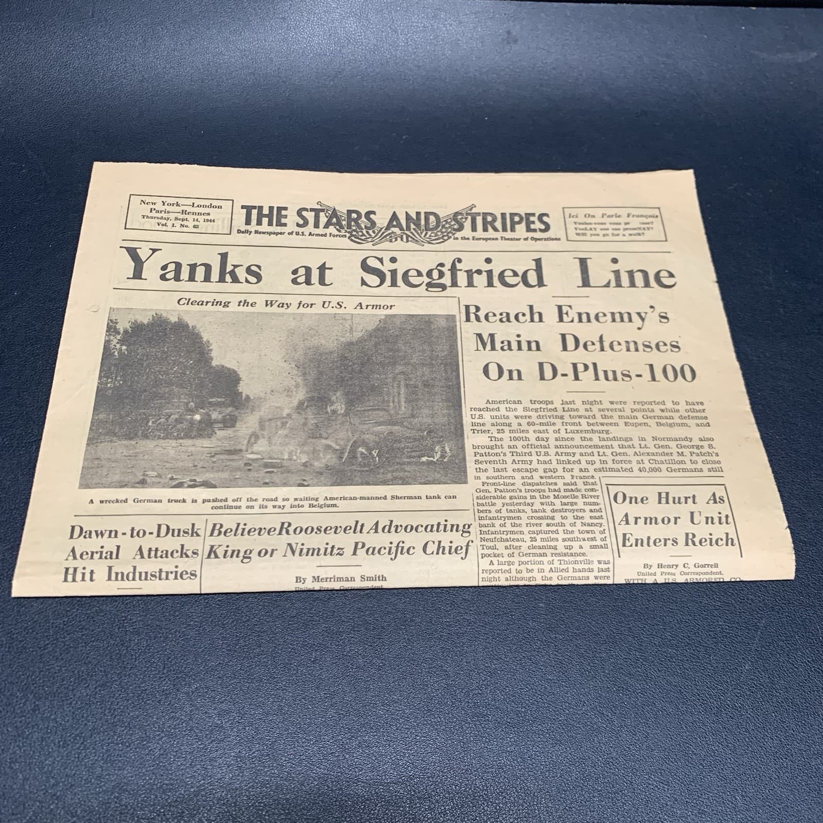 Vintage WW2 Stars & Stripes “Yanks at Siegfried Line” Sept 14 1944. F9