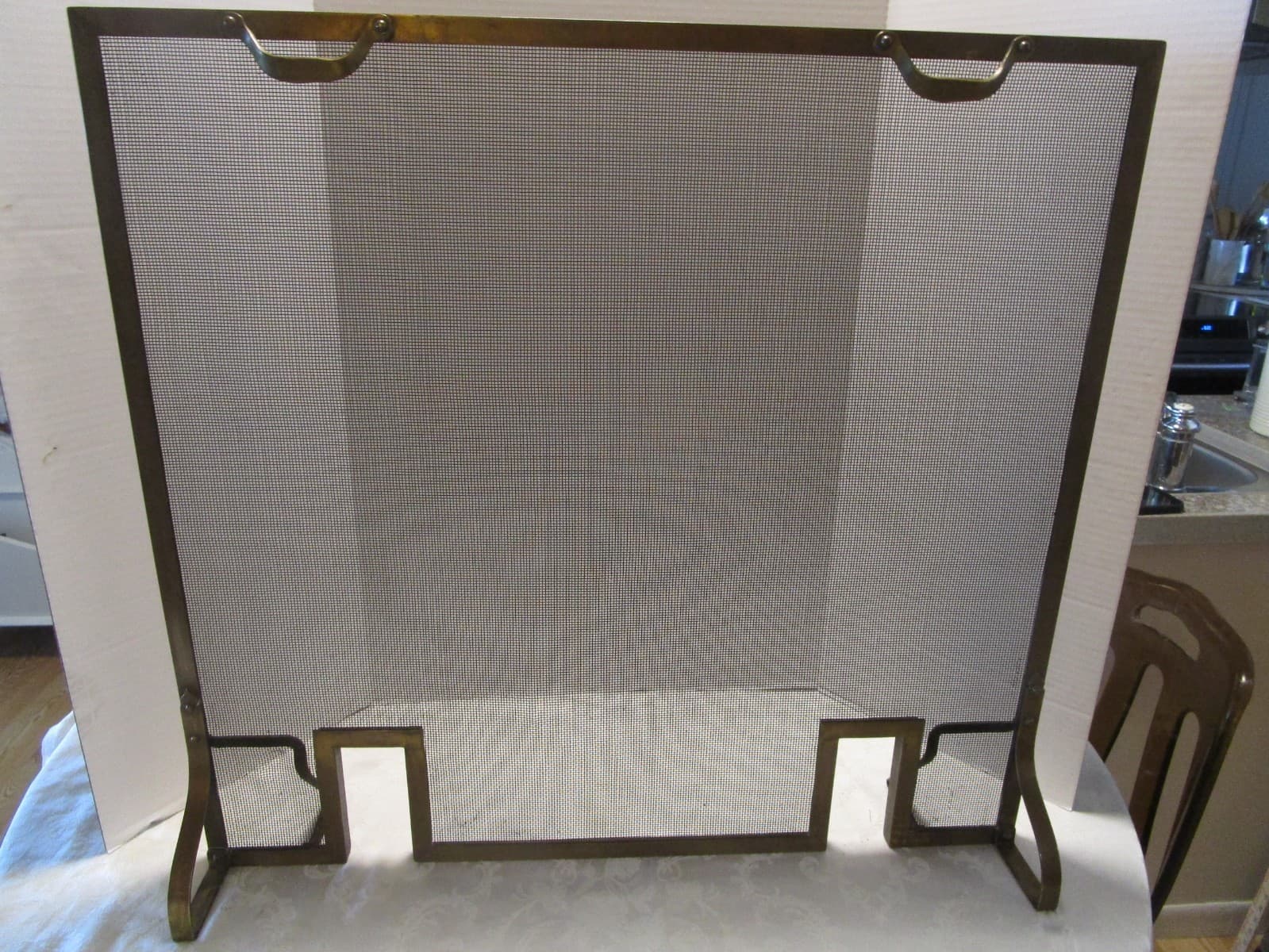 Vintage Art Deco brass frame Fireplace Fire-screen w/andirons slots 31.5" W 1930 5