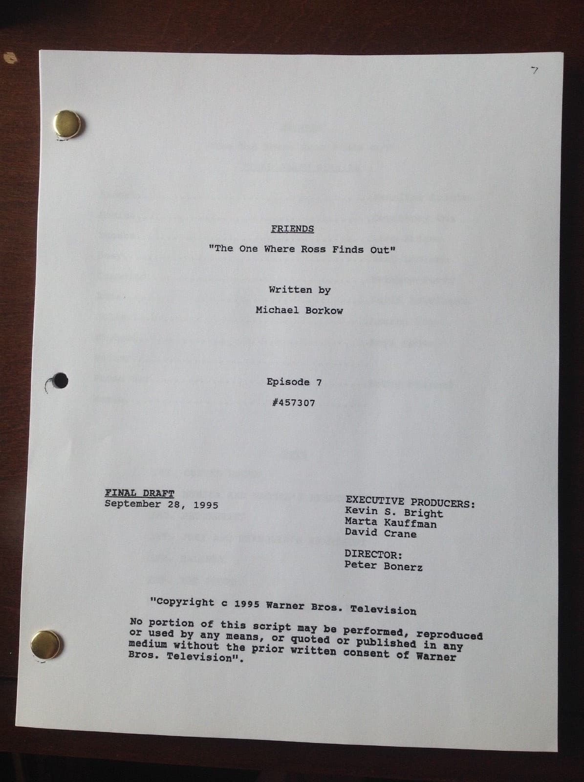 FRIENDS TV Script “The One Where Ross Finds Out" 9/28/95 Jennifer Anniston