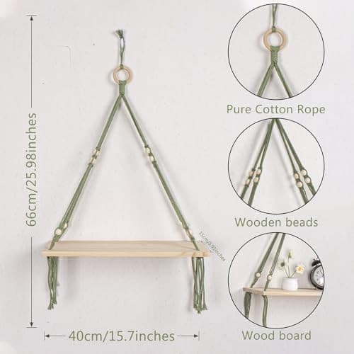  Green Macrame Wall Hanging Shelf, Boho Macrame Wall Decor for Green Brown 4
