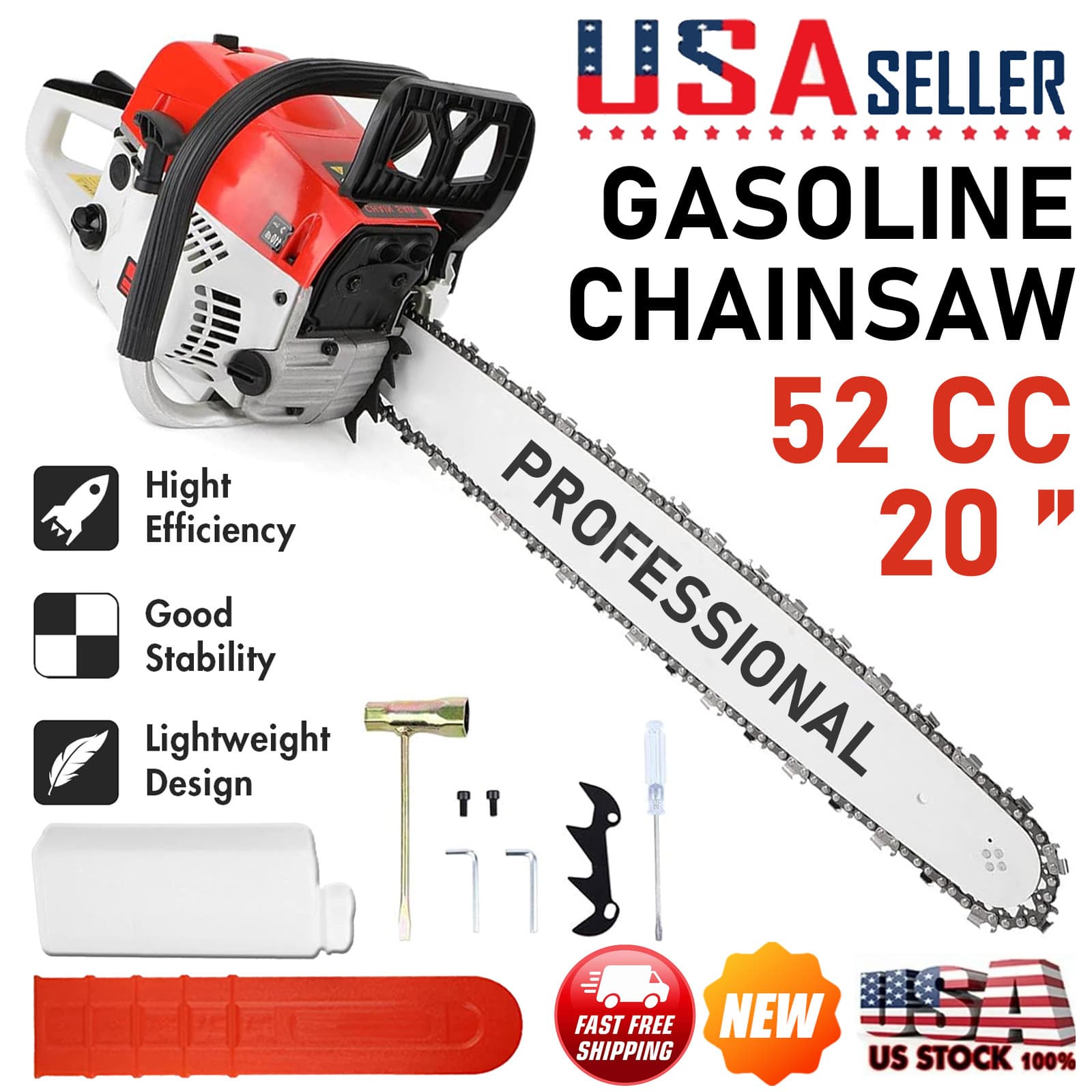 52CC 20" Gasoline Powered Chainsaw Wood Cutting Engine Gas Crankcase Chain Saw