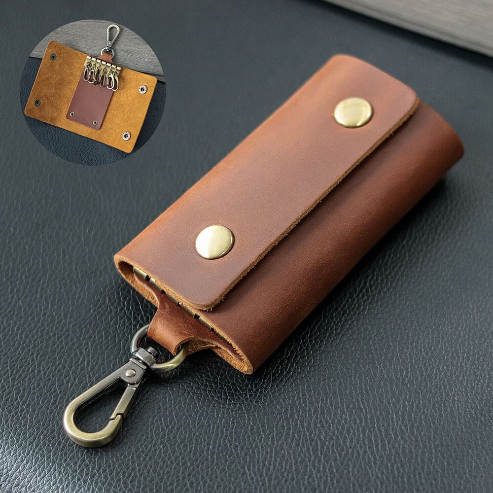 LEATHER Car Key Chain Ring Keys Holder Pouch Case Wallet Organizer Bag Brown NEW 2