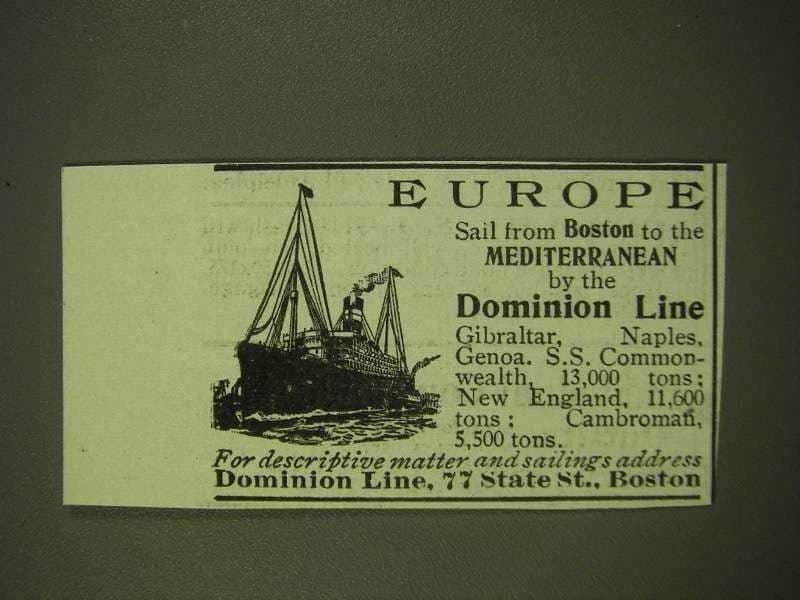 1902 Dominion Line Ad - Europe sail from Boston to the Mediterranean