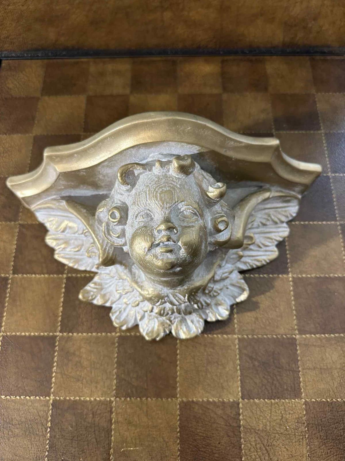 Pair of Gold Resin Cherub Wall Shelves Putti Angel Face Console Brackets 10.5" 3