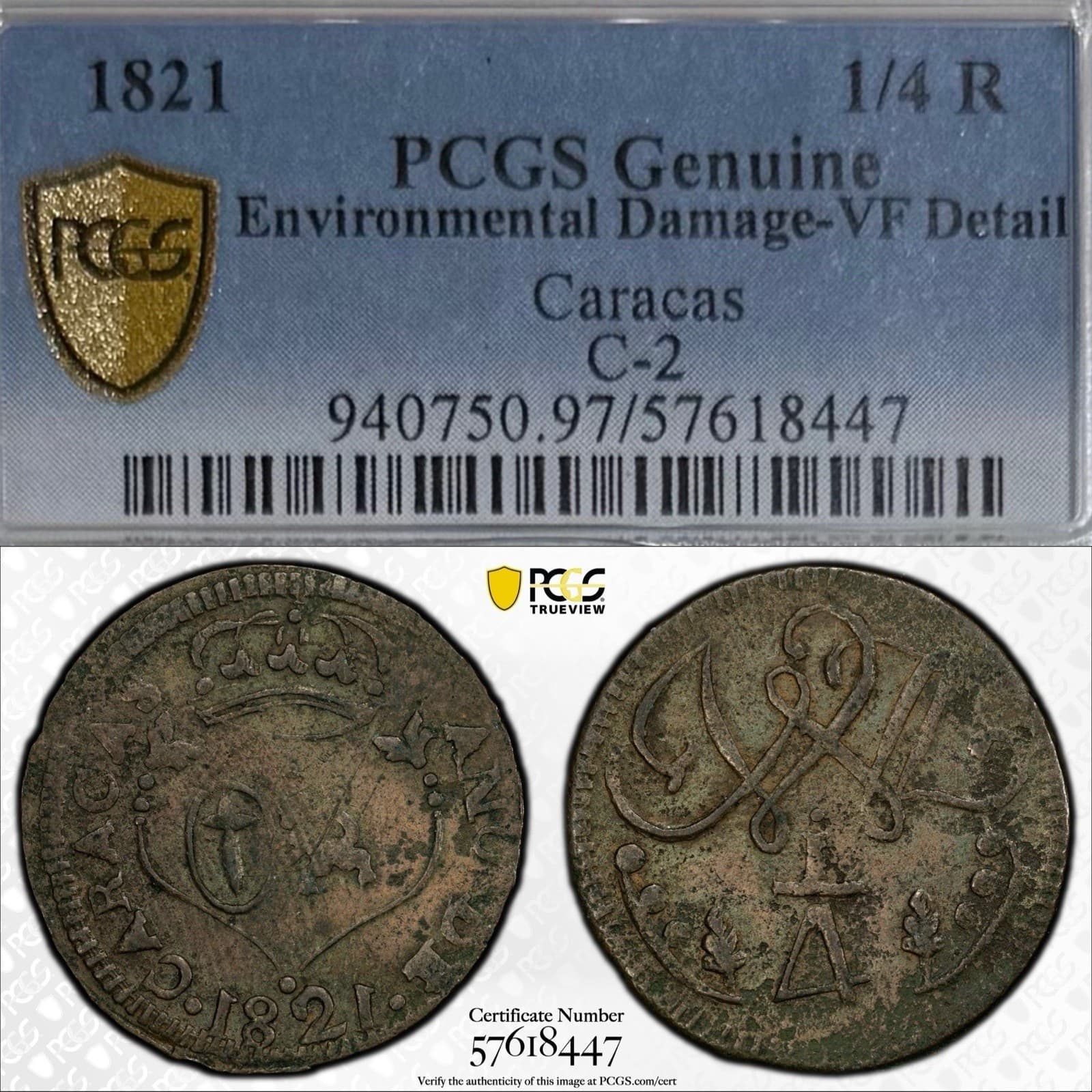 1821 Venezuela Caracas 1/4 Real PCGS Genuine VF Detail C-2 Gold Shield Secure