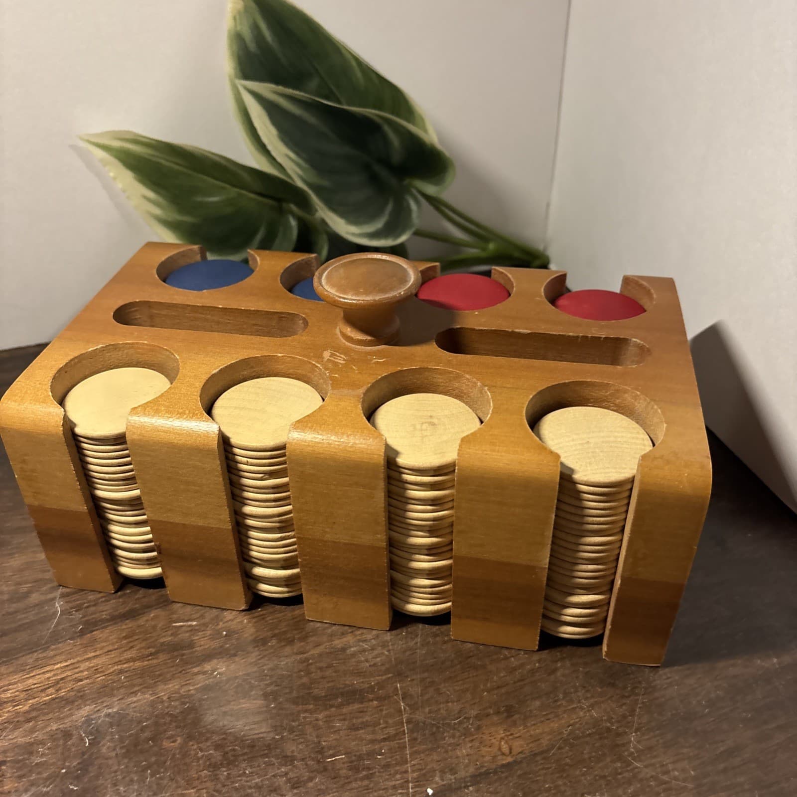 Vintage Wooden  Poker Chips And Caddy with top Cover 3