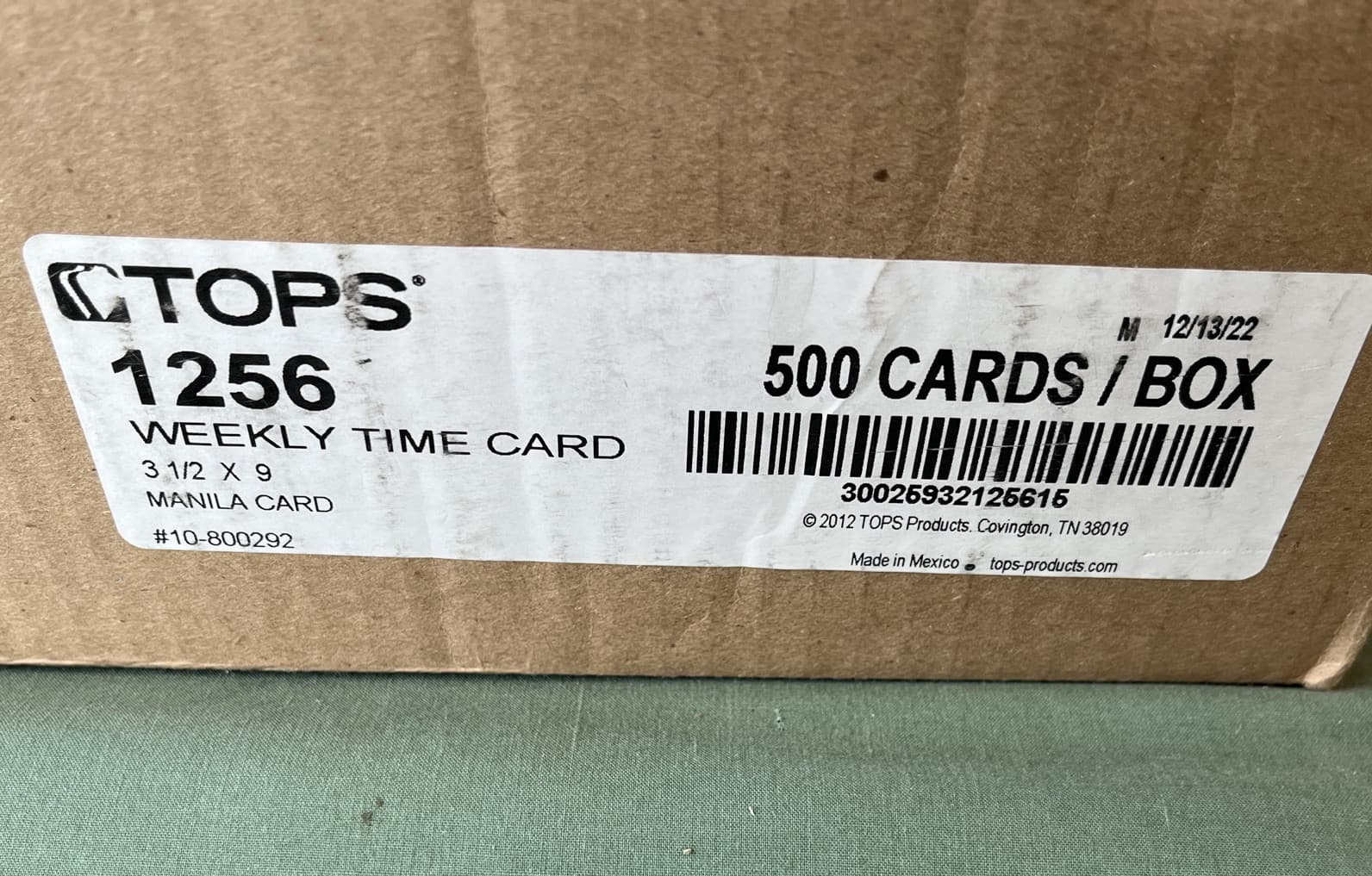 TOPS Time Cards, Weekly, 1-Sided, Numbered Days, 3-1/2" x x 9", Manila 