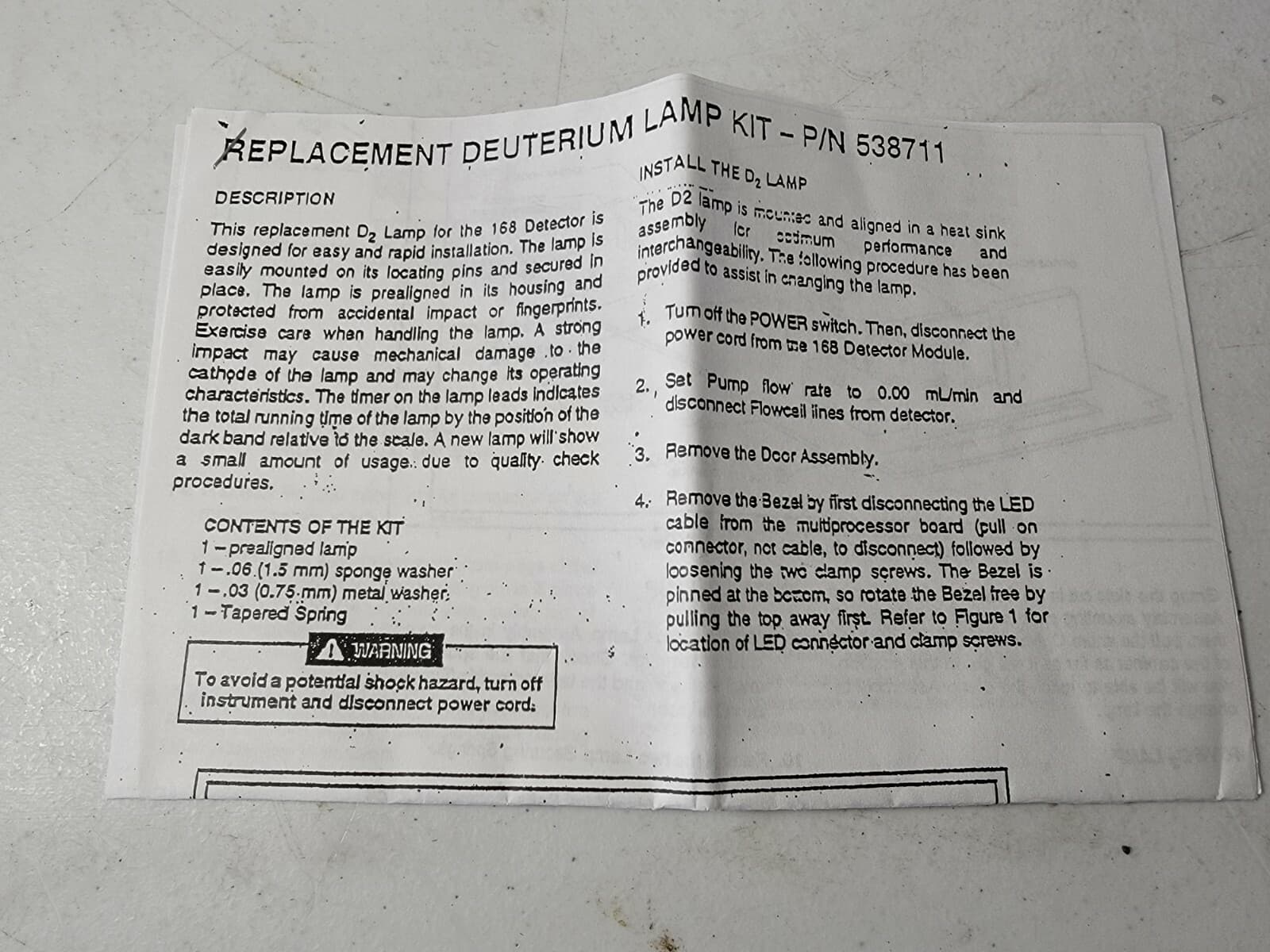 USED Beckman 168 Detector Deuterium Lamp Part No. 538711 2