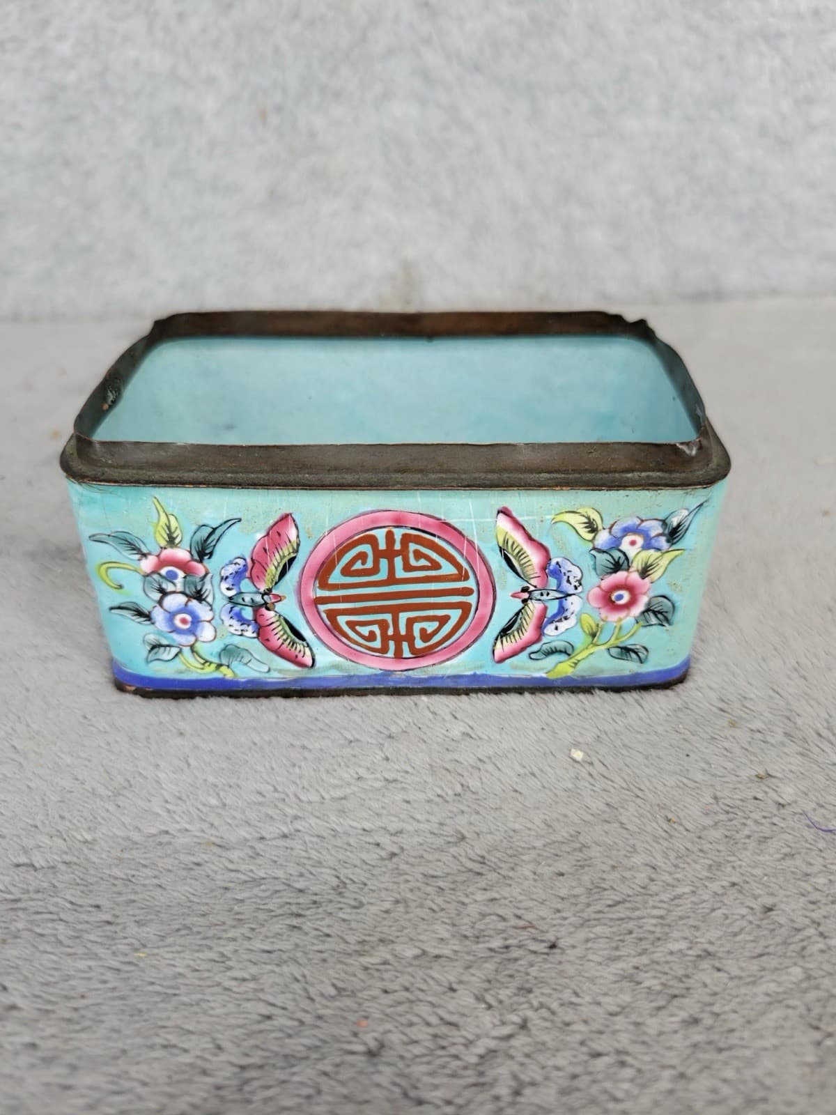 Vintage Chinese Cloisonné Enamel Box Rectangular Turquoise Interior 4” 2.5” 2