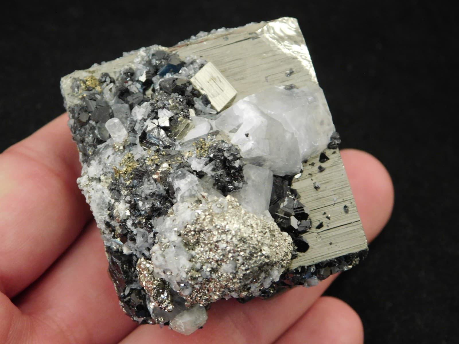 PYRITE Crystal CUBE With a FLUORESCENT Calcite Crystal and Sphalerite 260gr 6