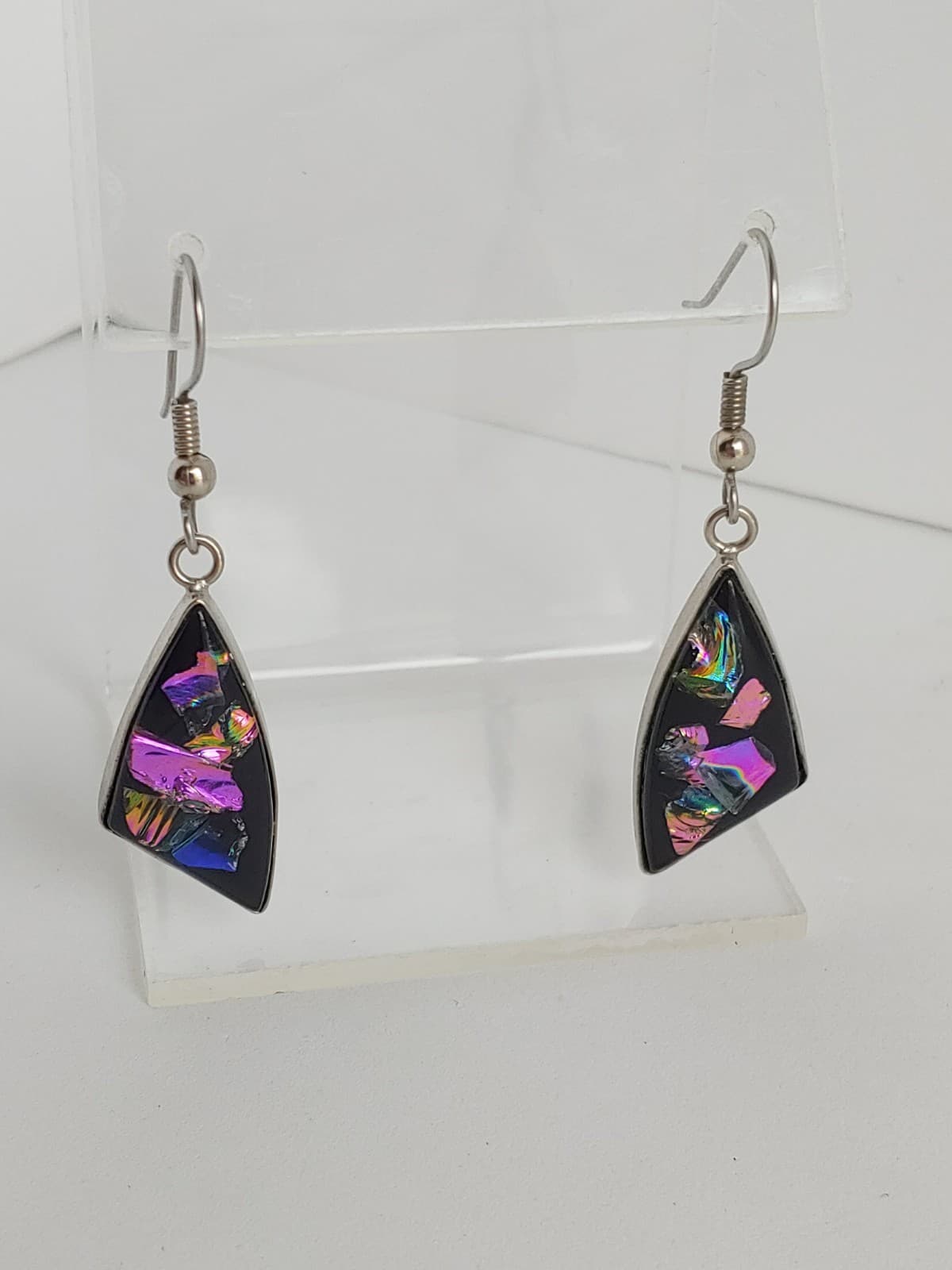 Dichroic Glass Silvertone Geometric Earrings Dangle Drop Black/Multicolor 2in