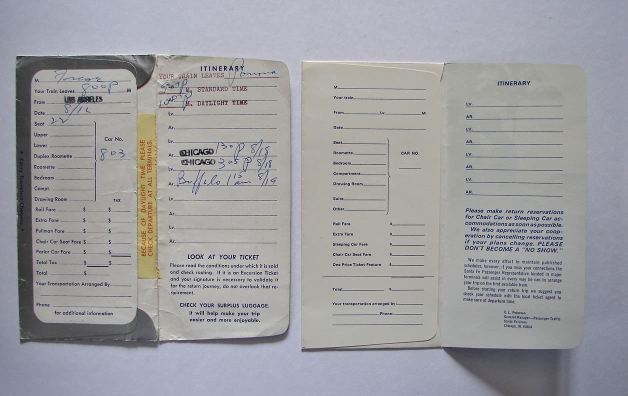 3 Railroad Passenger Ticket Envelopes Santa Fe Chief Way 1 Foil, MoPac Eagles 2