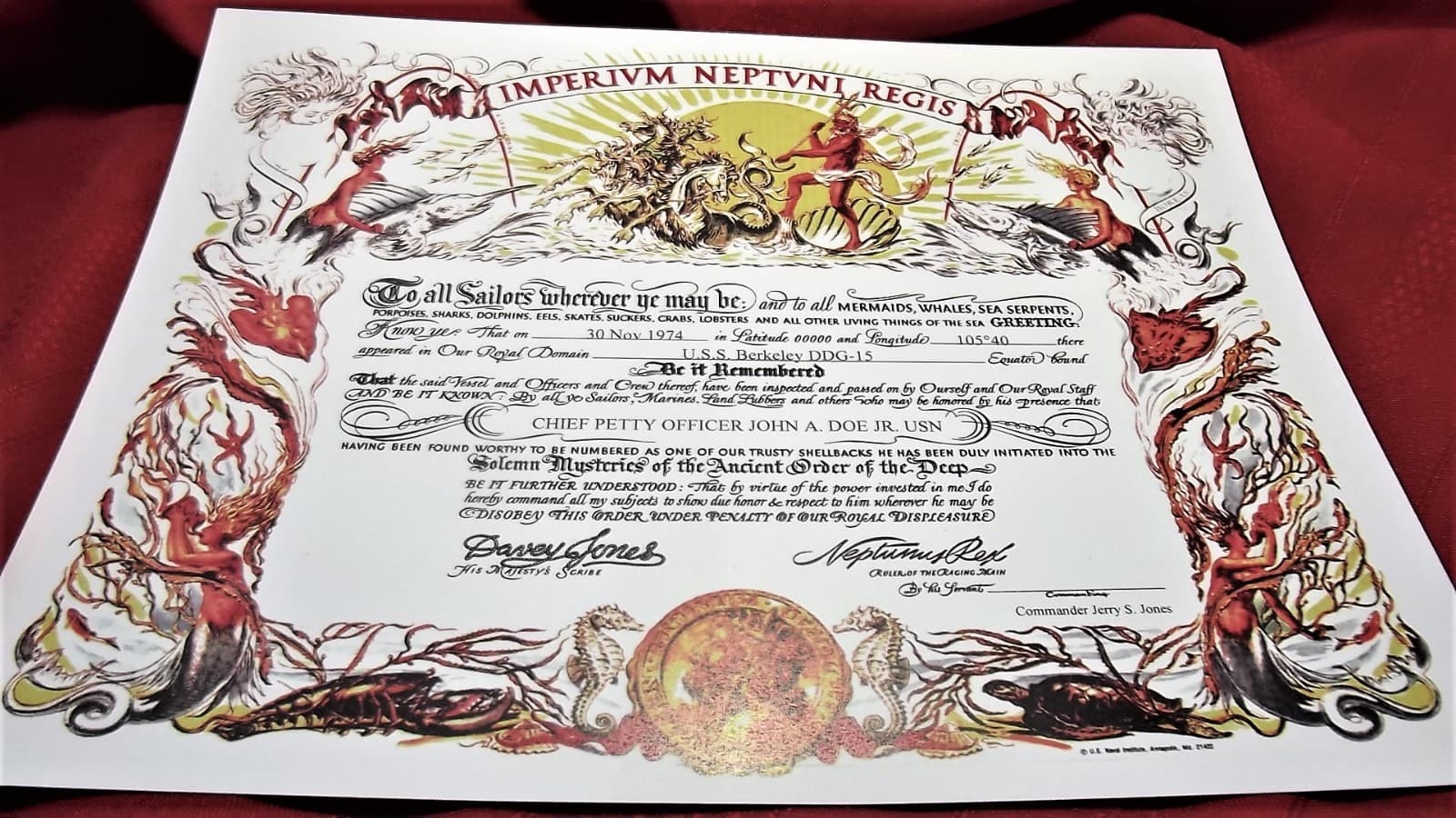 Shellback "Imperivm Neptvni Regis" 8.5X11 replacement certificate US Navy 3