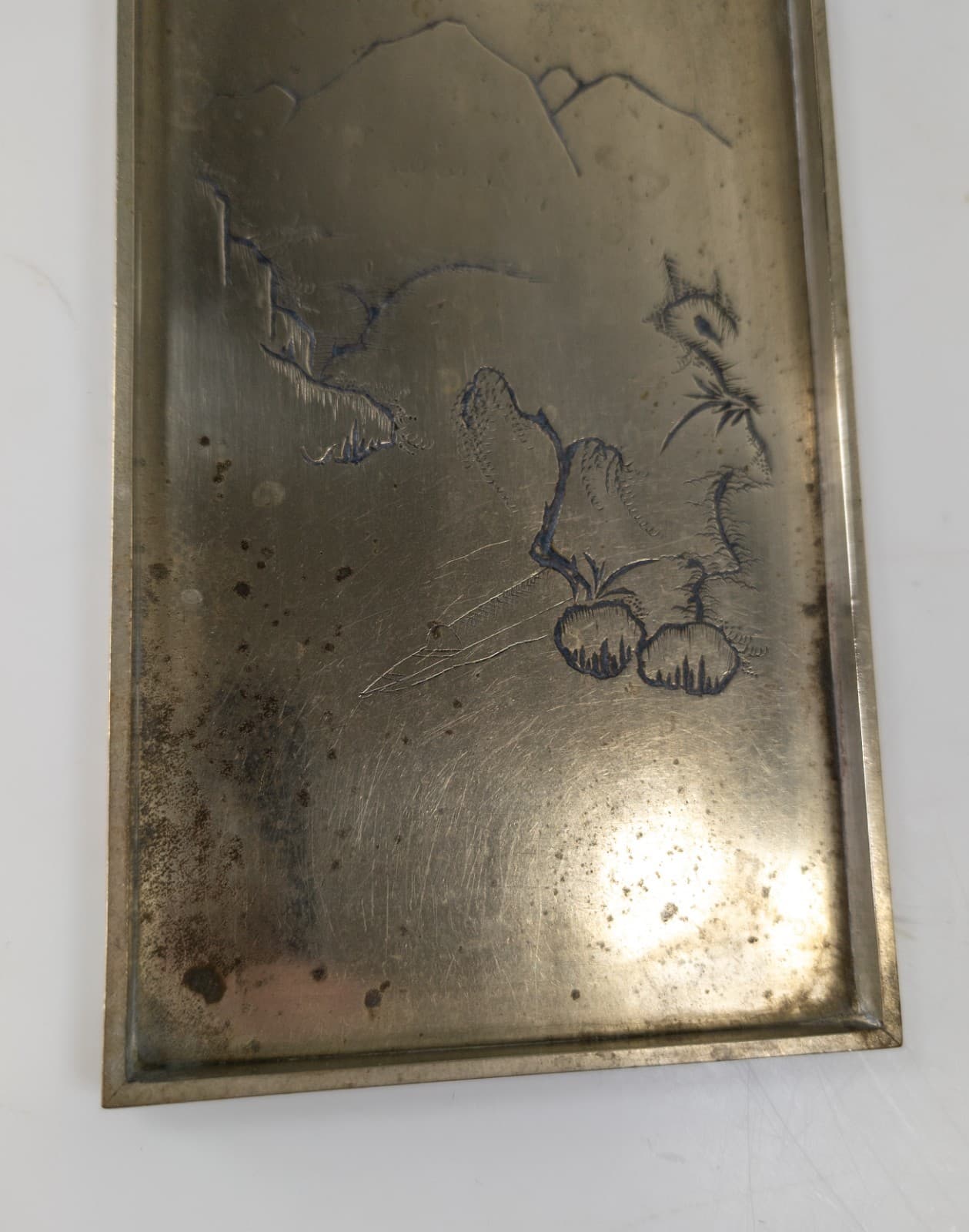 Antique Chinese Engraved Paktong Card Tray with Landscape with Trees 4