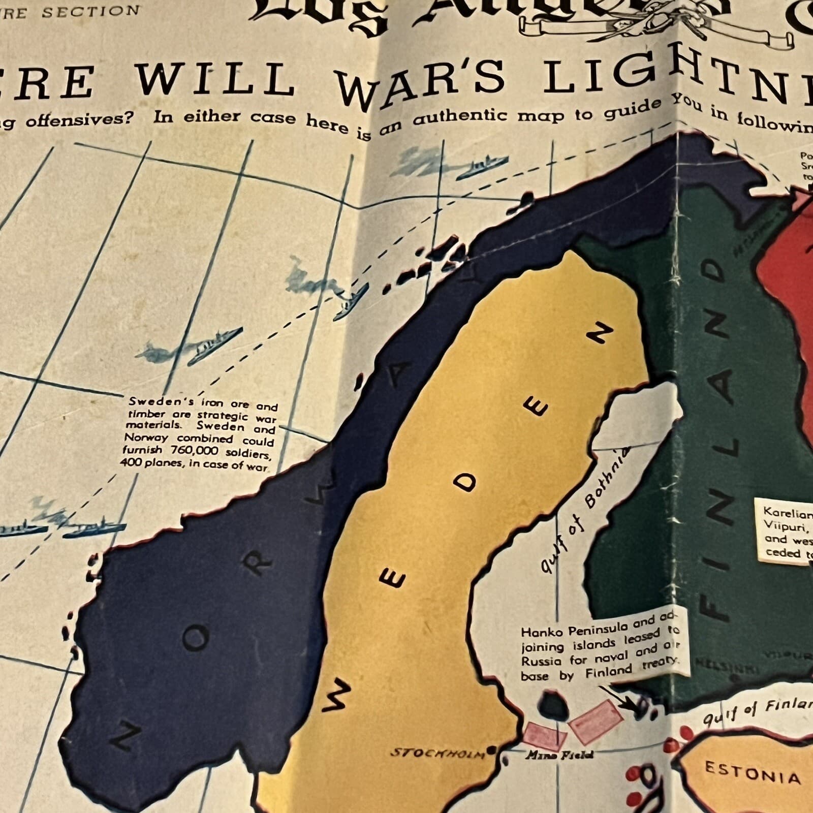 RARE WWII 1940 LOS ANGELES TIMES FULL-COLOR FRONT PAGE EUROPE MAP GERMANY ATTACK 6