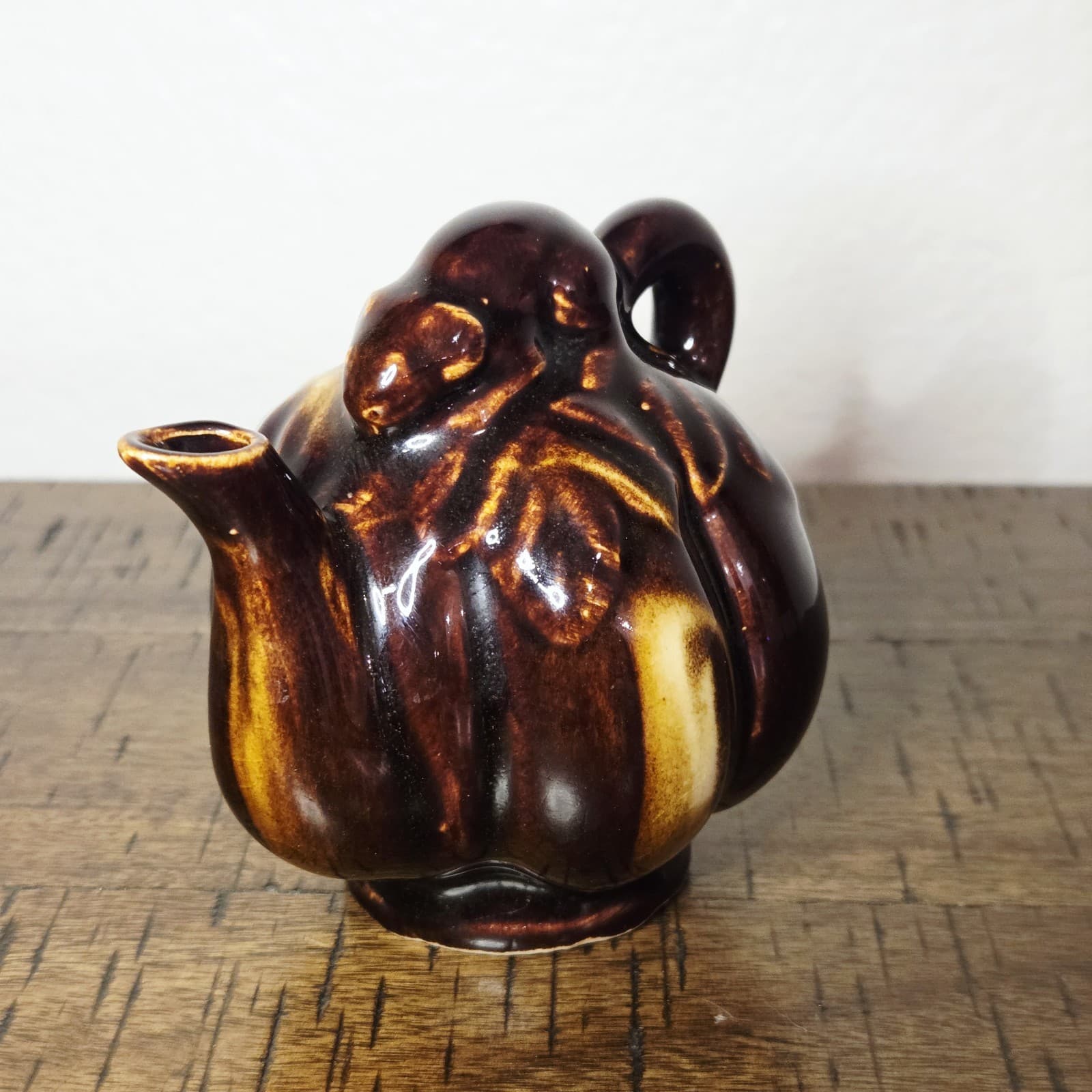 VTG Ceramic Brown Chinese Drip Glaze Pumpkin Teapot Rat Mouse Glossy Figurine 2