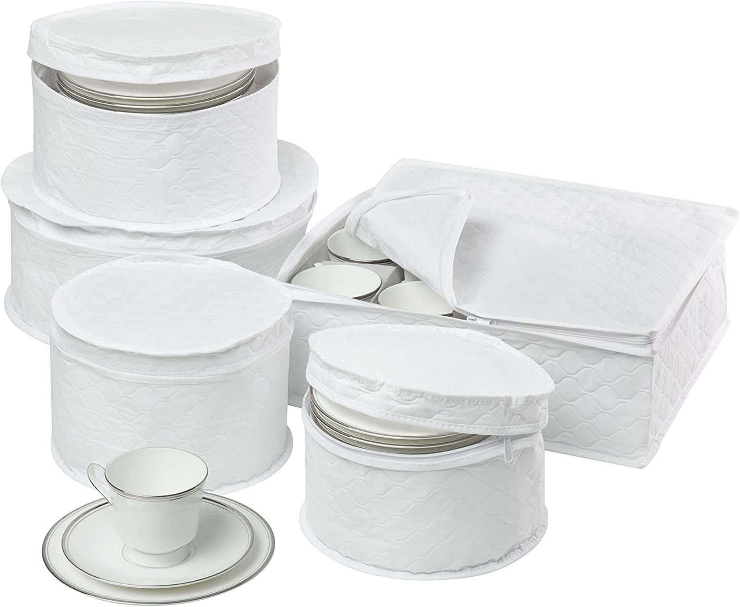 5-Piece Dinnerware Storage Set with Zipper Cushioned Quilted White NEW 2