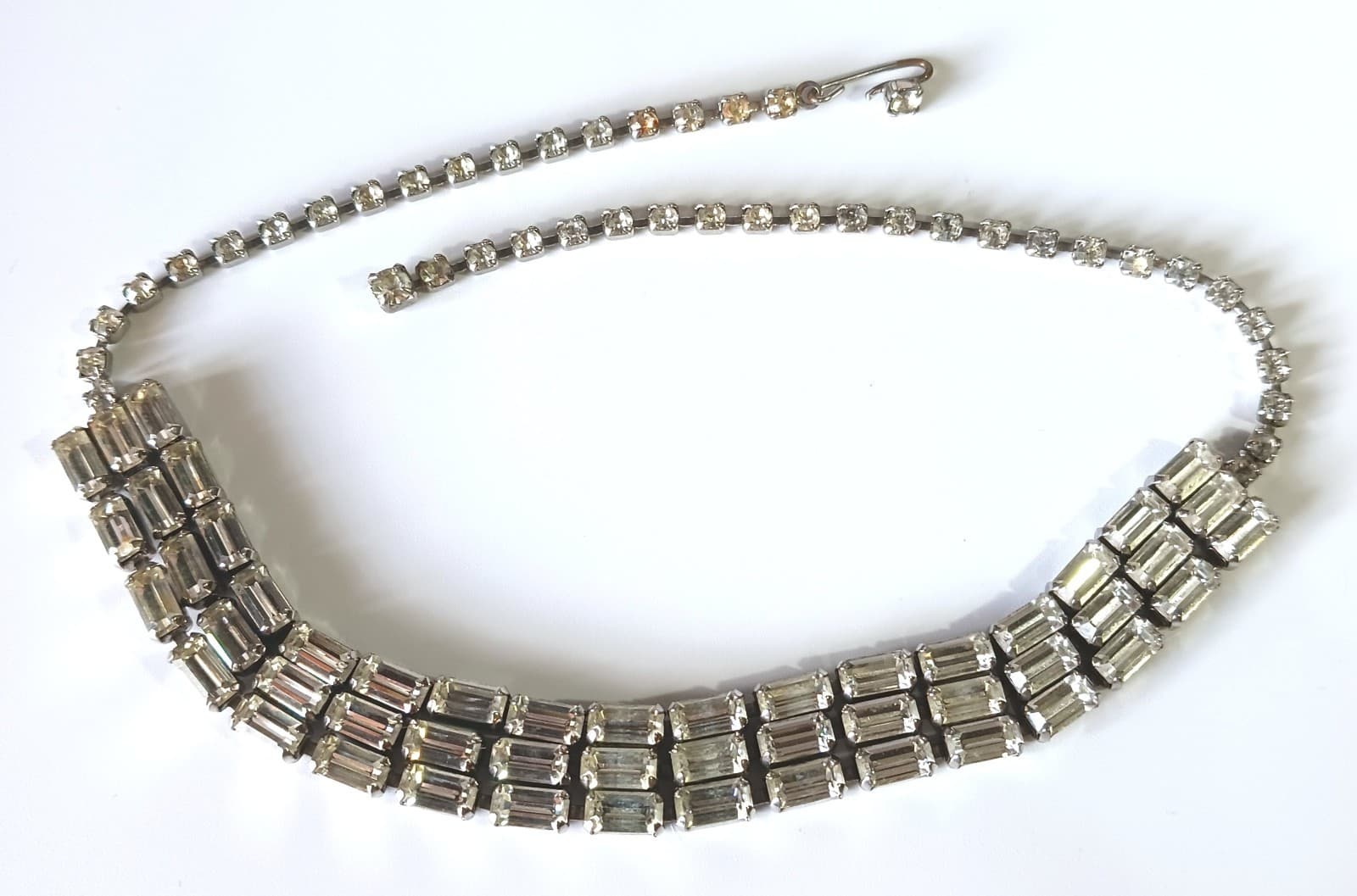 Vintage Silver-tone Necklace w 3 Rows of Baguette White Rhinestones 16"