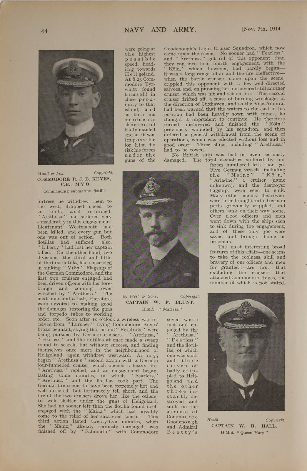 1914 WW1 ARTICLE & PICS HELIGOLAND RAID ADMIRAL CHRISTIAN COMMODORE TYRWHITT 2