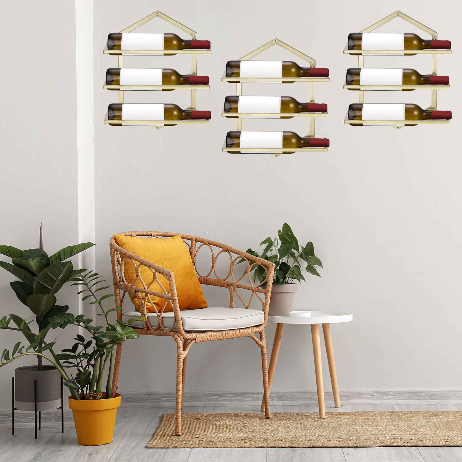 Wall Mounted Wine Rack Metal Hanging Wine Bottle Holder Holds 3 Bottles Gold 5