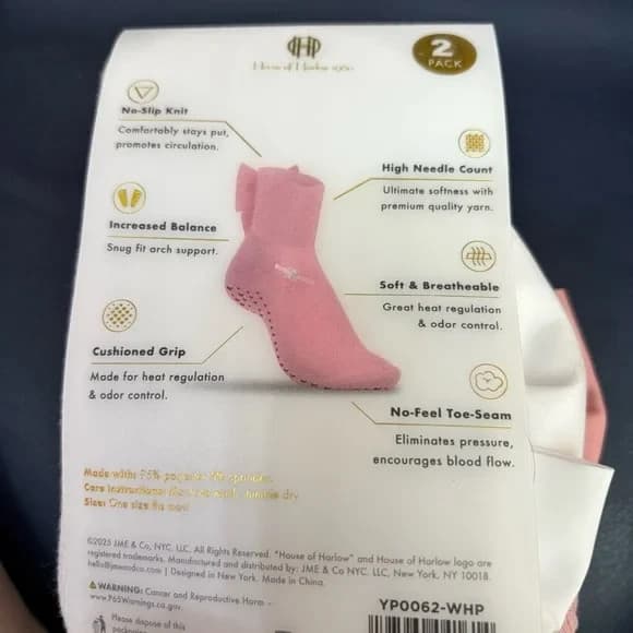 House Of Harlow 2Pk Grippy Yoga-Barre Socks w/Bow No Slip 1 Sz Fits Most Whi/Pnk 2