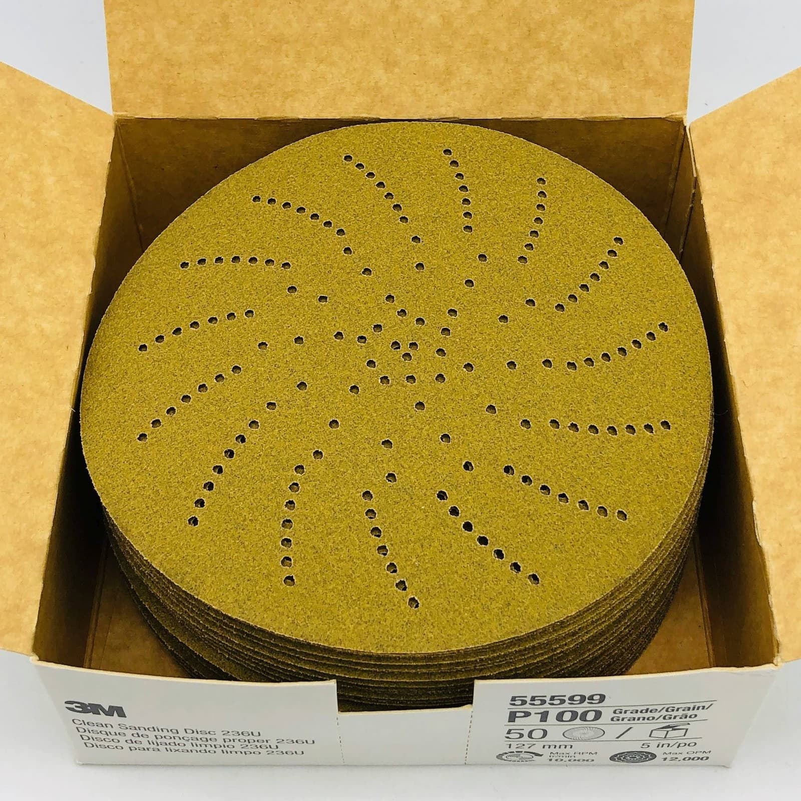 3M 55599 Clean Sanding Disc 5in P100 Hookit 236U Hook & Loop Aluminum Oxide 50pk