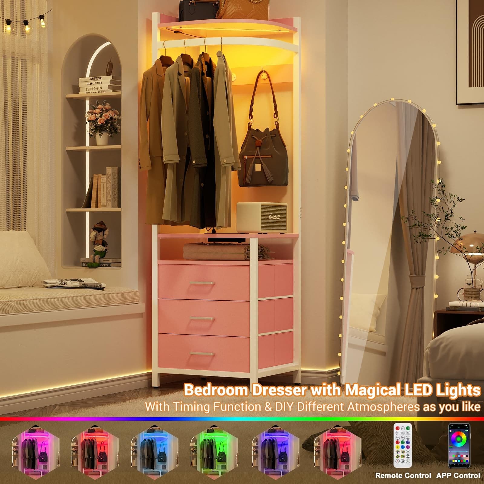 Corner Clothes Rack, 70'' Tall Corner Closet with Power Outlets & LED Lights,... 4