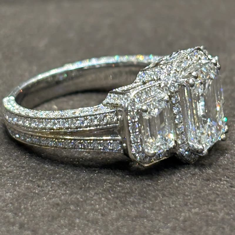 4.5Ctw Emerald Moissanite Halo Three Stone Engagement Ring 14k White Gold Plated 5