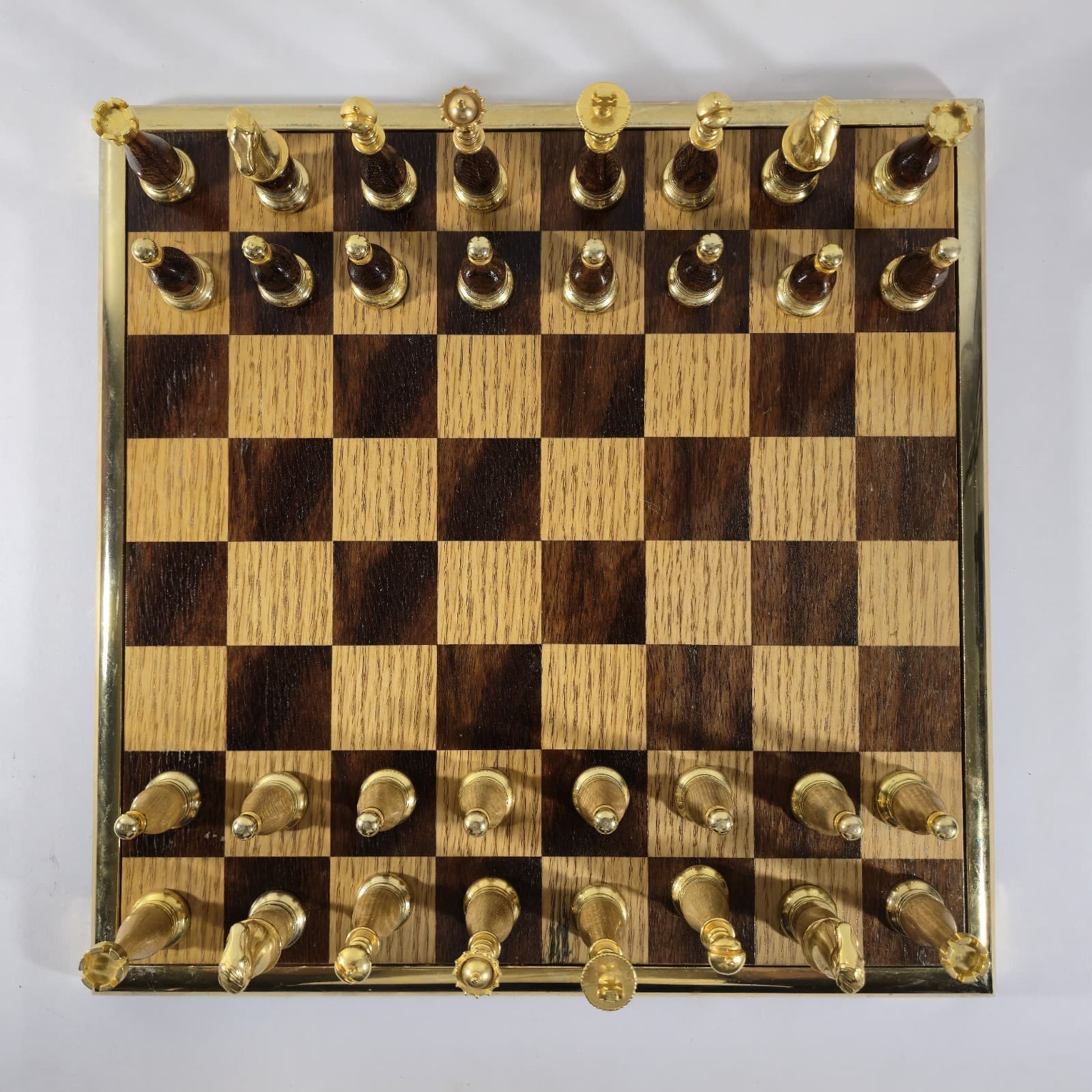 Vintage Oak Gold Plated Chess Set Wood & Metal Weighted Pieces & 15" Board 2