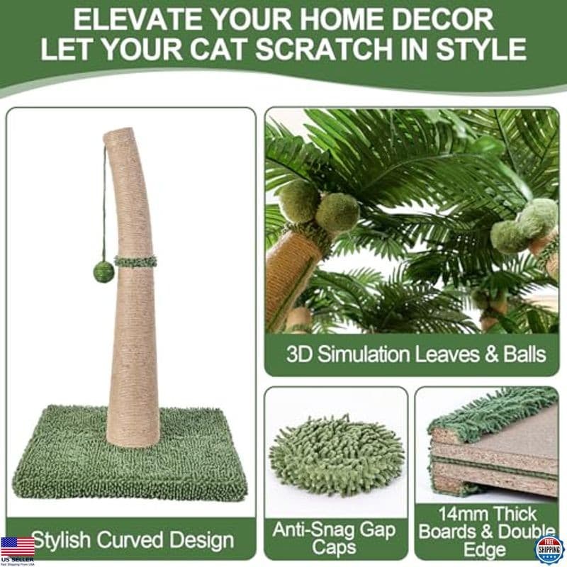 40'' Tall Cat Scratching Post Cat Tree, Curved Design Cat Scratcher Post with 3 4